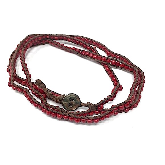 Boho Red Beaded Bracelet Wrapped on Waxed Linen with Silver Toned Button Closure - Picture 5 of 13